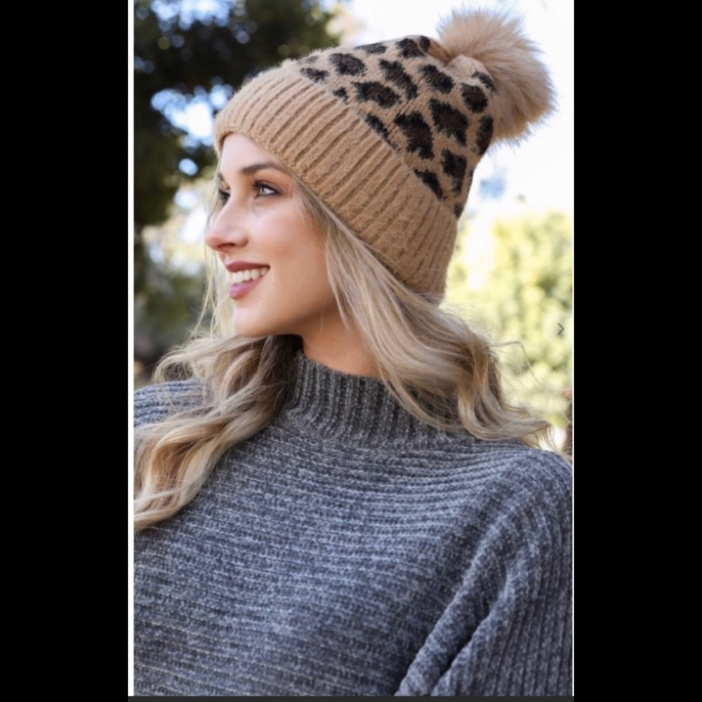 Carmel Leopard Knit Pom Beanie Hat